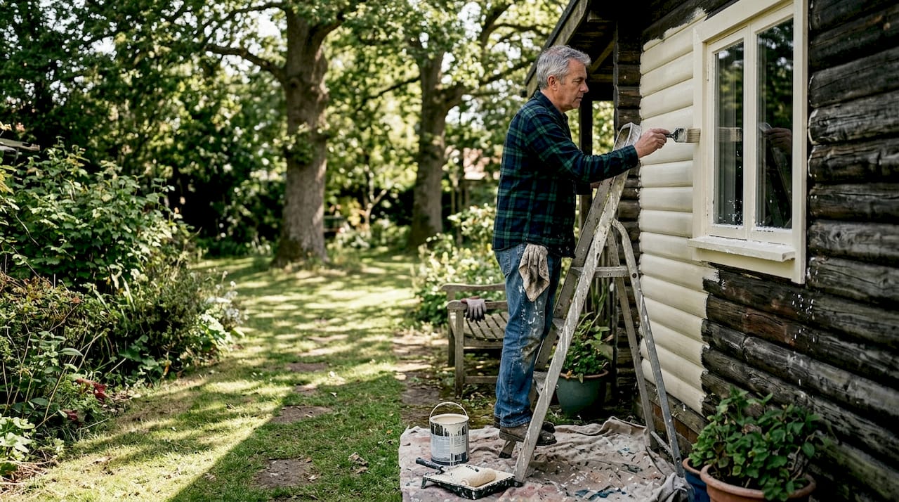 Man painting log cabin exterior in sunny garden