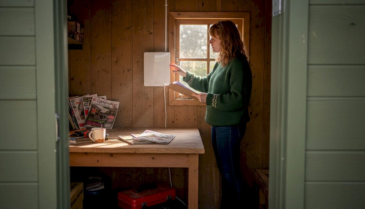 Woman evaluating heater in cozy garden cabin