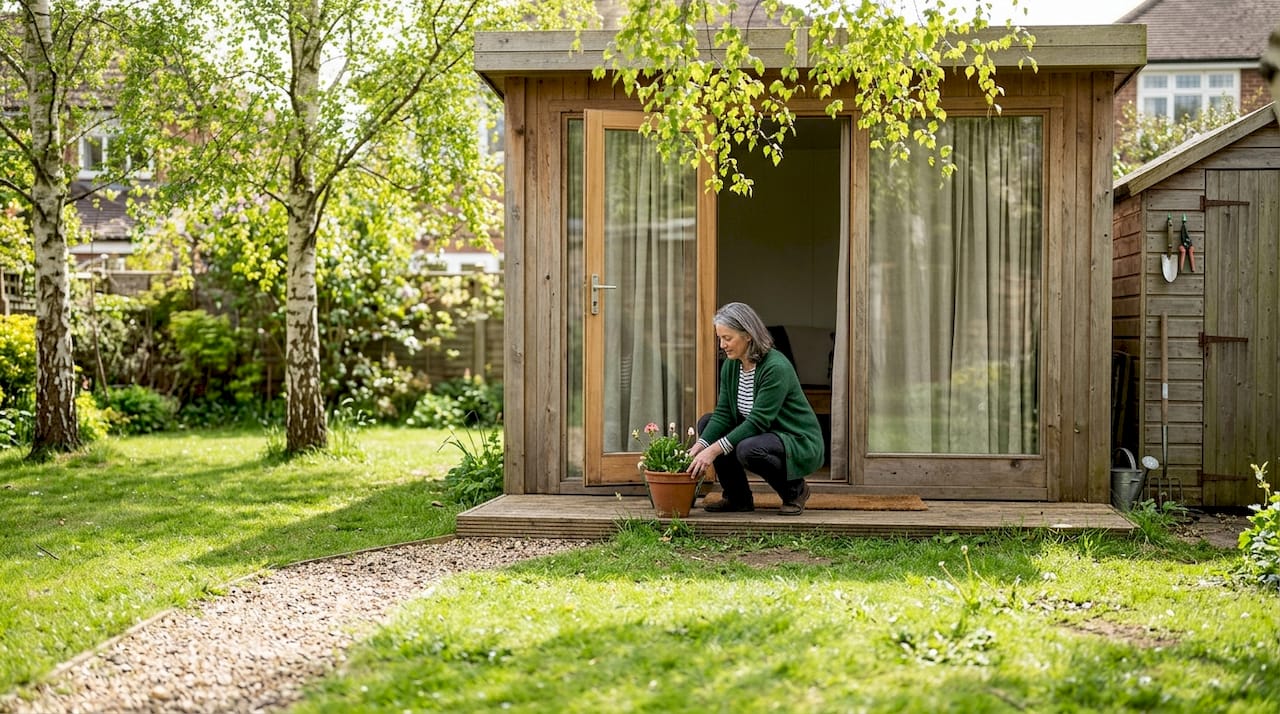 Homeowner beside modular cabin in spring garden