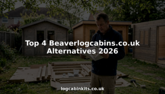 Homeowner reviewing log cabin kit instructions in garden