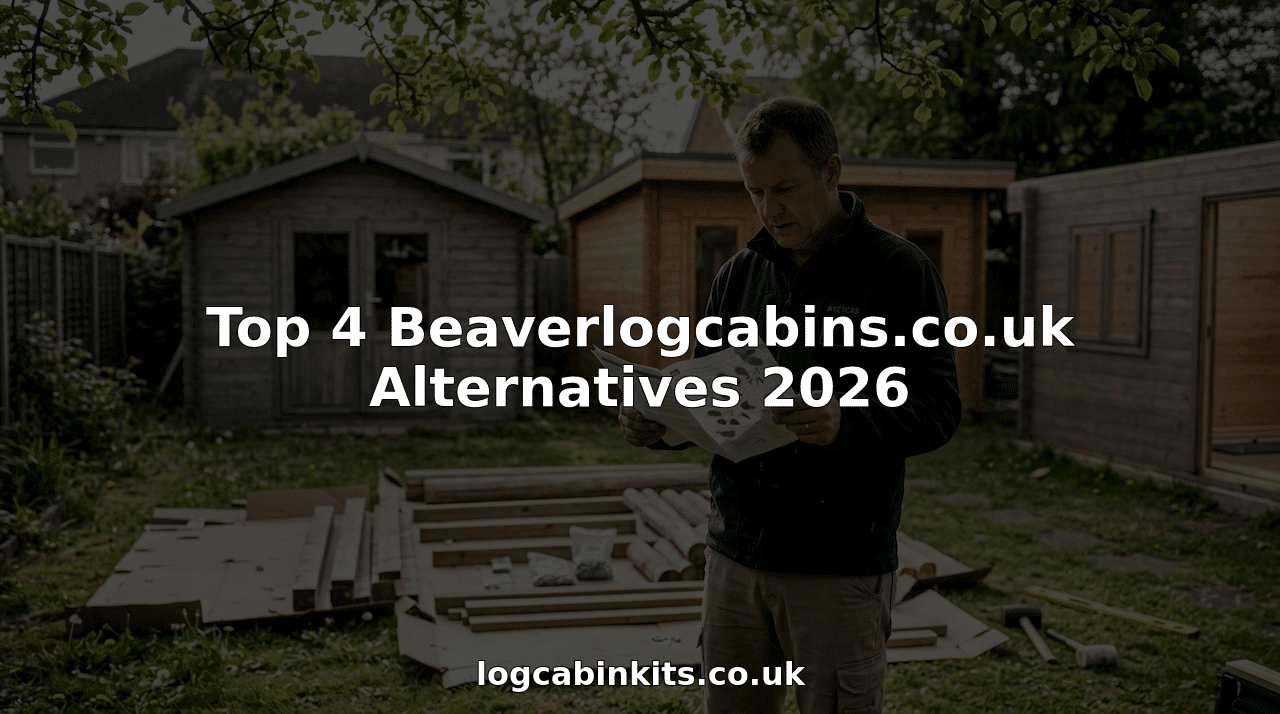 Homeowner reviewing log cabin kit instructions in garden
