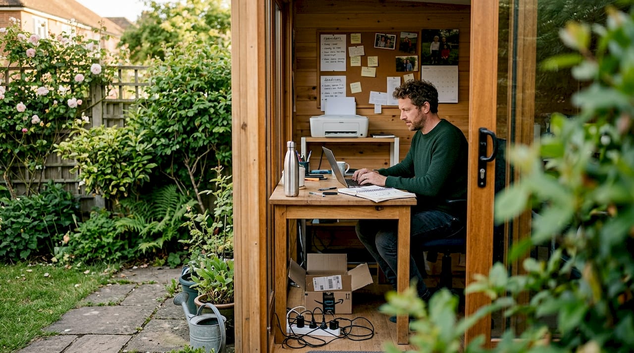Man working inside a garden office shed