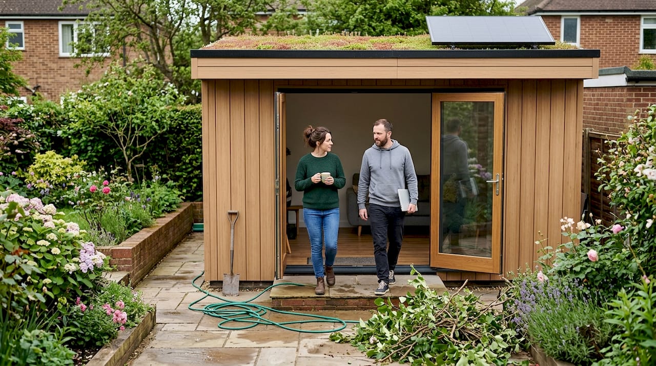 Modern UK garden cabin with owners outside