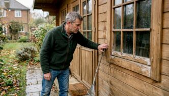 Homeowner inspecting garden log cabin exterior