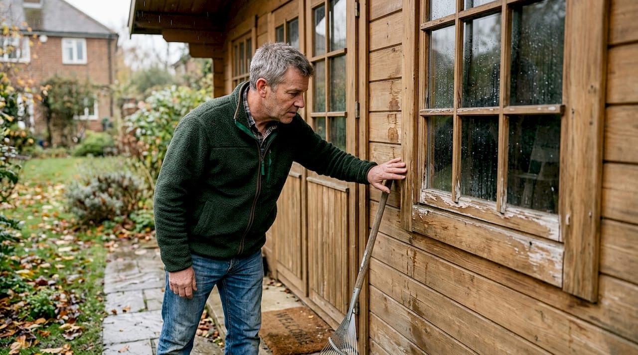 Homeowner inspecting garden log cabin exterior
