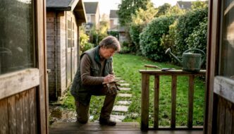 Homeowner checking waterlogged garden cabin
