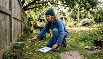 Person surveying garden site for cabin