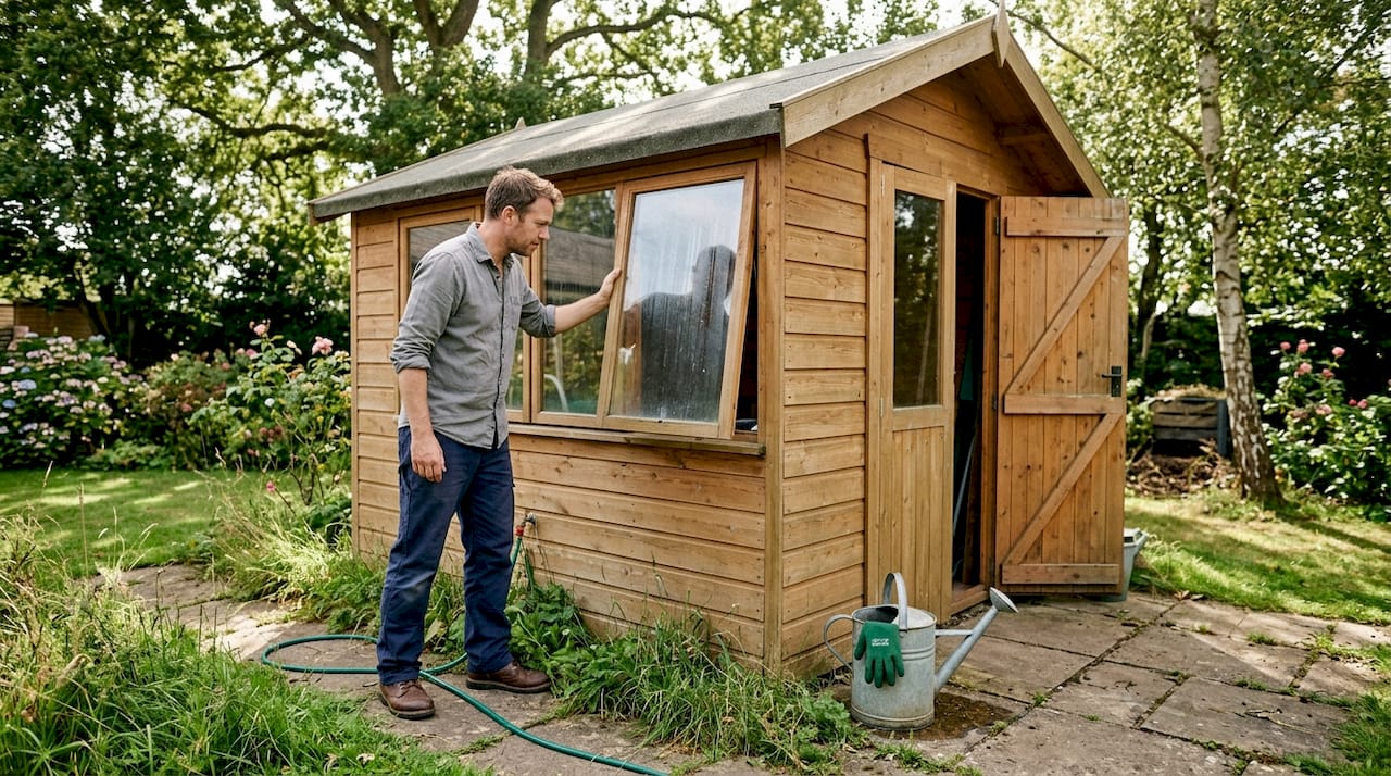 Man opening window for garden cabin ventilation
