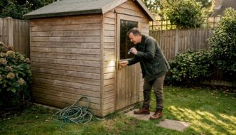 Homeowner checking lock on garden cabin