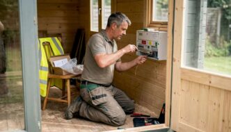 Electrician wiring inside a wooden garden cabin