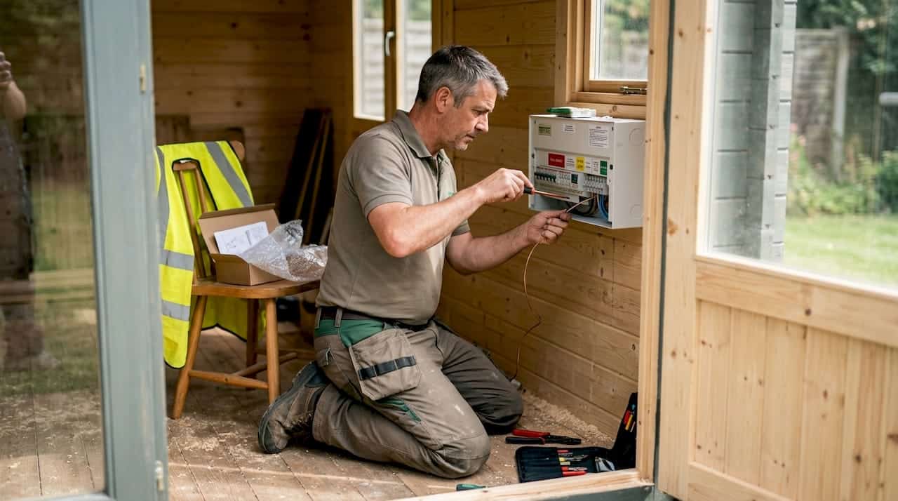 Electrician wiring inside a wooden garden cabin