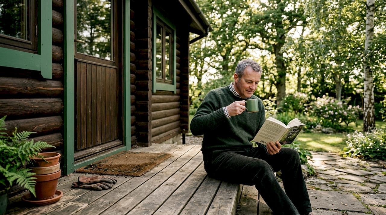Man on timber deck outside log cabin