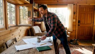 Man opens window in cozy log cabin