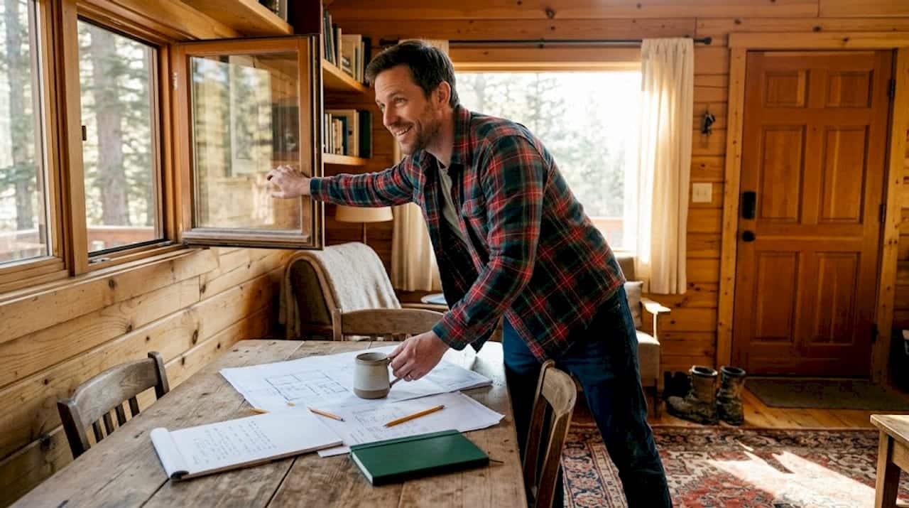 Man opens window in cozy log cabin
