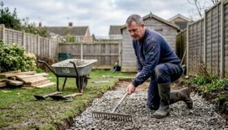UK garden builder preparing shed foundation