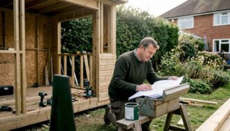 Homeowner inspecting plans by garden room build