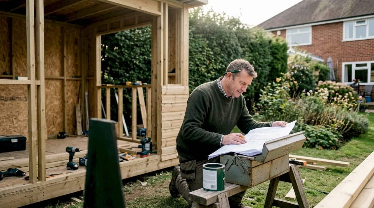 Homeowner inspecting plans by garden room build