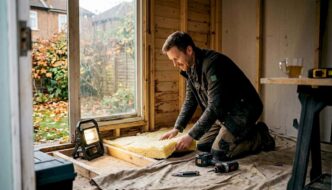 Installing insulation in garden cabin floor