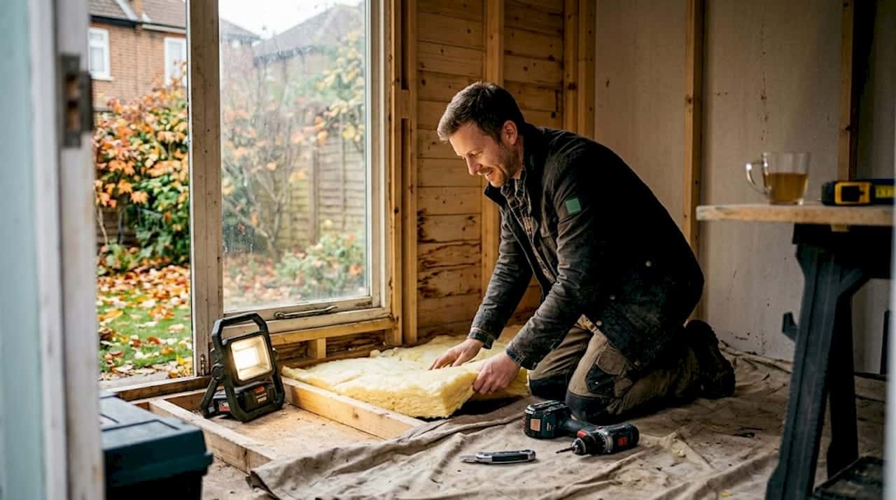 Installing insulation in garden cabin floor