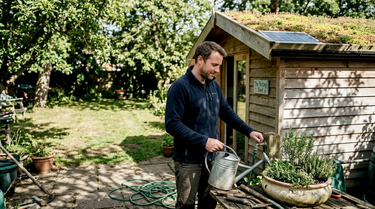 Man tending eco-friendly garden building