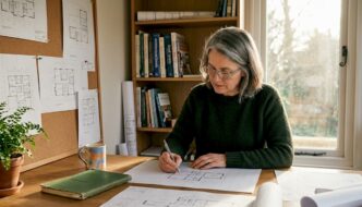 Architect sketching in garden office studio