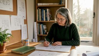 Architect sketching in garden office studio