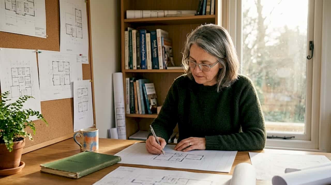 Architect sketching in garden office studio
