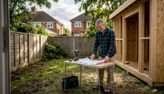 Homeowner reviewing construction of garden building