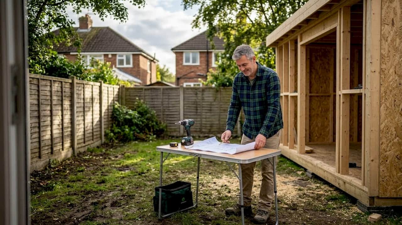 Homeowner reviewing construction of garden building