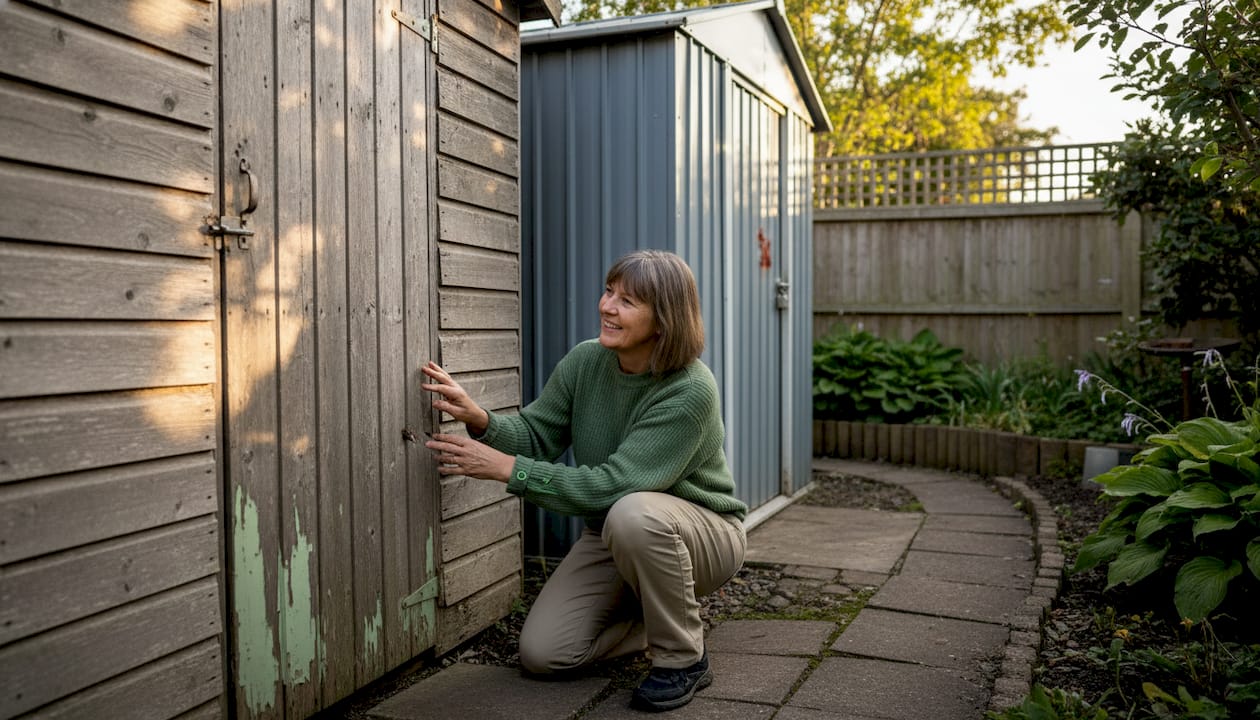 Gardener comparing timber and metal garden sheds